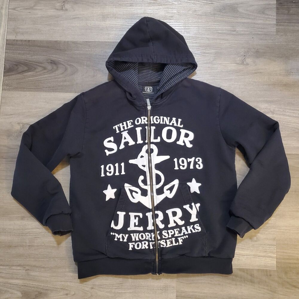 Rare Sailor Jerry Full Zip Anchor Black Hoodie Sweatshirt Sz M Punk Grunge EUC